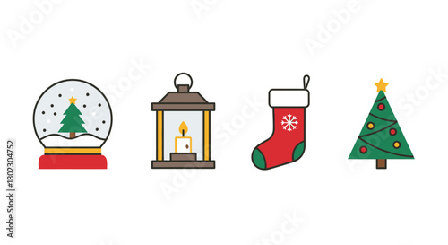 Collection of festive Christmas icons including a snow globe, lantern, stocking, and decorated tree