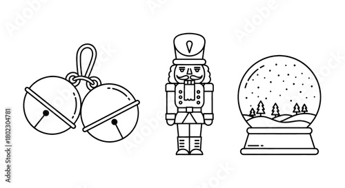Festive holiday icons including jingle bells, a nutcracker, and a snow globe.