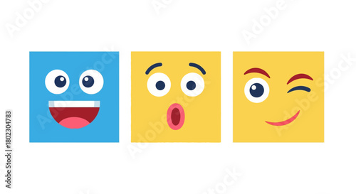 Colorful flat emojis with expressive faces: happy, surprised, and winking