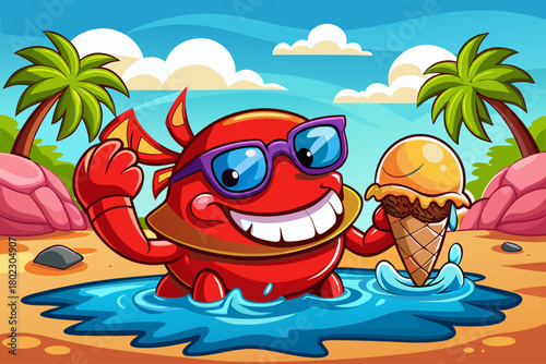 Red crab pops from shallow water holding a melting ice cream cone, wearing sunglasses and grinning confidently