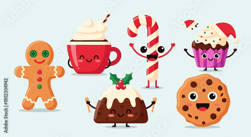 Cute Christmas Food Characters Gingerbread Man, Pudding, Cupcake, Cookie, Candy Cane, and Hot Chocolate