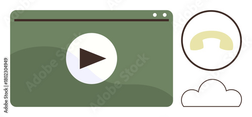 Play button on green interface, phone handset icon, and cloud element. Ideal for streaming, communication, video call, cloud storage, technology, media services simple flat metaphor