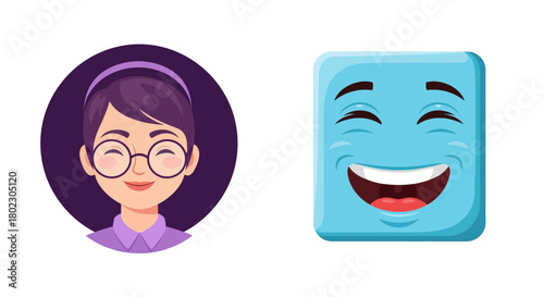 Smiling cartoon avatar set with glasses and square emoji face
