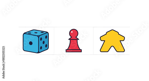 Colorful board game pieces with dice and pawns in flat design