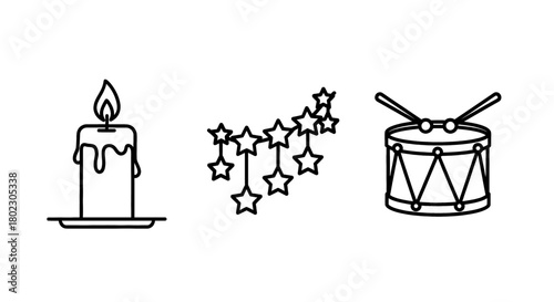 Festive holiday icons: a lit candle, hanging stars, and a drum with sticks