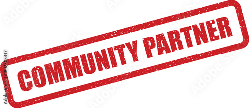 A bold red grunge rubber stamp with the words Community Partner is visible on a bright white background