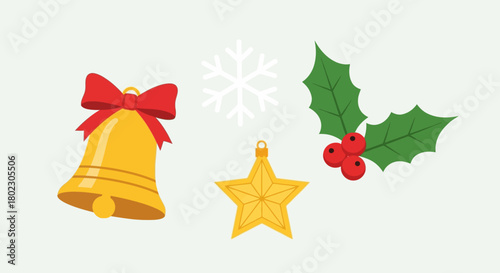 Festive Christmas Icons Bell, Snowflake, Holly, and Star Decorations