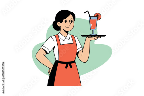 A cheerful server presents a refreshing drink on a tray, ready to serve guests with a smile.