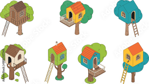 Isometric treehouse illustration collection showing various colorful wooden houses on trees, outdoor adventure and playful childhood concept design