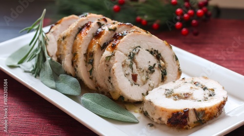 Sliced roasted turkey roulade with herb stuffing on white plate, perfect for Thanksgiving or Christmas holiday dinner, with festive decor.