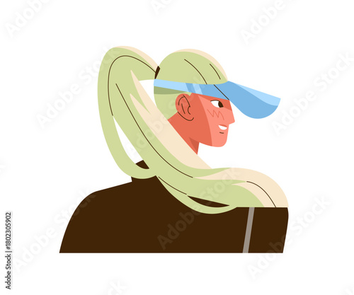 Young woman in visor cap looks aside back view. Backside portrait of girl with blonde hair in ponytail. Side of happy person face with smile. Flat isolated vector illustration on white background