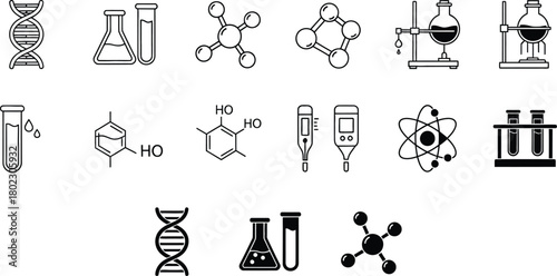 Collection of hand drawn scientific icons representing chemistry biology and medical research concepts