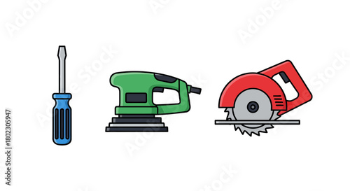 Colorful hand tools: screwdriver, sander, and circular saw on white background