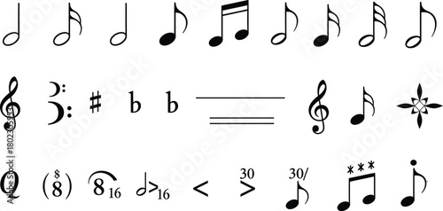 Collection of musical notation symbols including notes rests clefs sharps flats and time signatures