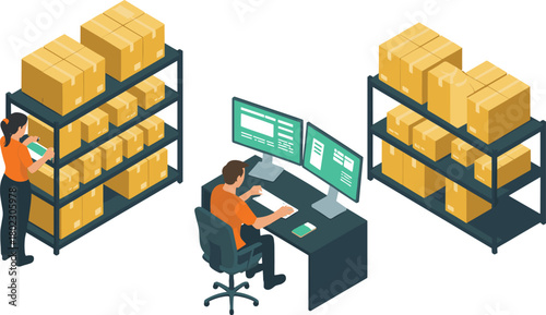 Isometric warehouse management illustration showing employees organizing boxes, checking inventory data on computer screens, and managing logistics workflow efficiently