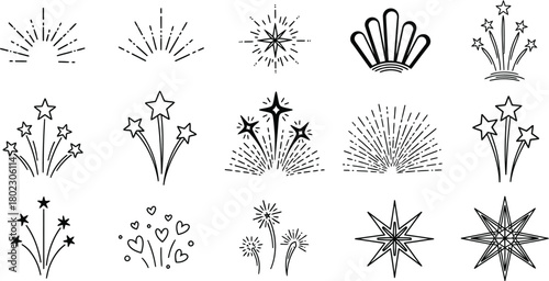 Collection of hand drawn decorative ornamental flourishes and starburst elements in black and white