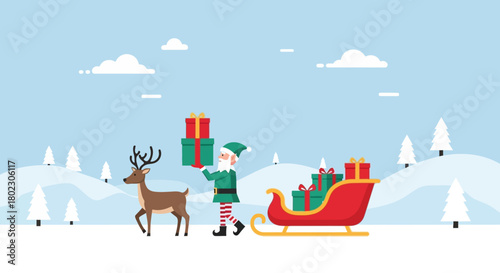 Christmas Scene with Santa's Elf and Reindeer Preparing Gifts and Sleigh for Delivery