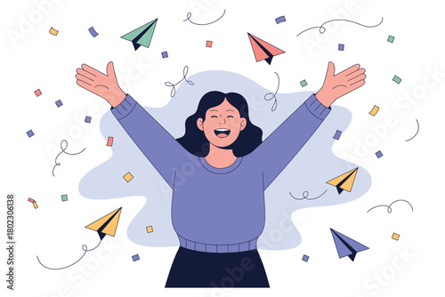 A person celebrating with arms outstretched amidst flying paper airplanes and confetti.