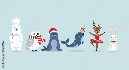 Cute cartoon animals in festive holiday attire celebrating winter holidays