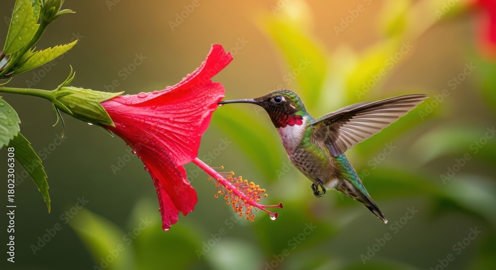 Obraz premium Ruby throated hummingbird feeding on a vibrant red hibiscus flower nature beauty