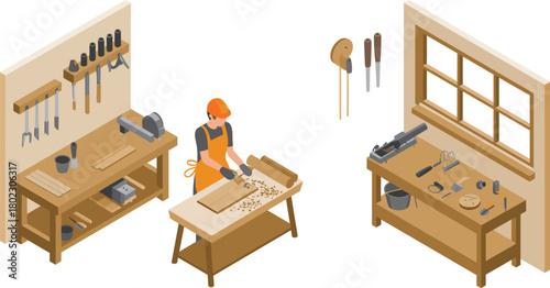 Isometric woodworking workshop illustration, carpentry tools on benches, chisels, files, workbench, wood shavings, craftsmanship studio, detailed 3D interior design