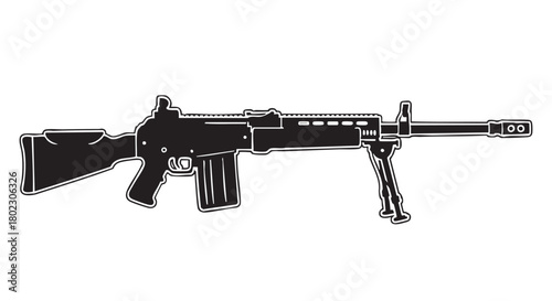 Vector illustration of a modern automatic firearm, depicted as a tactical rifle with a bipod and extended magazine, ideal for security and defense concepts