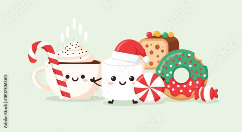 Sweet Christmas Treats Adorable Kawaii Characters of Hot Chocolate, Marshmallows, Candy Cane, Donut, and Festive Cake