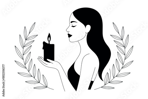 A woman holds a lit candle within a wreath of leaves, symbolizing peace and reflection.