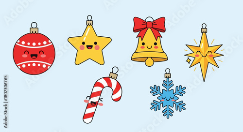 Cute Kawaii Christmas Ornaments Featuring Festive Icons Like Stars, Baubles, Candy Canes, Bells, and Snowflakes