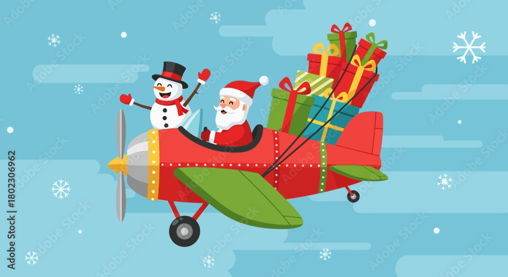Naklejka premium Santa Claus and Snowman Flying in a Red Airplane Loaded with Christmas Presents