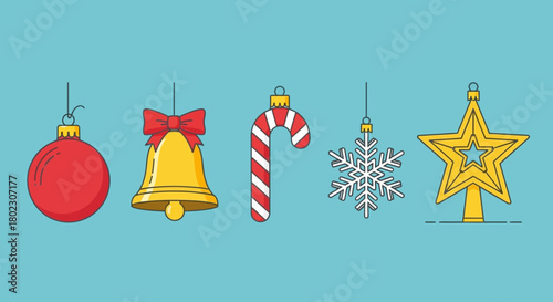 Set of festive Christmas ornaments including a red bauble, golden bell, candy cane, snowflake, and star, against a light blue background
