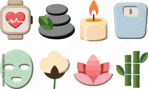 Minimalist spa and wellness icon set with smartwatch, candle, bamboo, lotus flower, stones, face mask, cotton, health concept