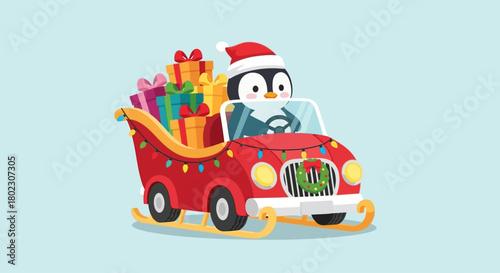 Festive Penguin Driving a Sleigh Filled with Gifts, Decorated with Christmas Lights