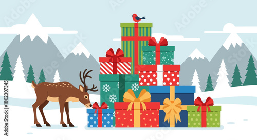 Festive deer and beautifully wrapped gifts piled high in a snowy winter landscape with mountains in the background