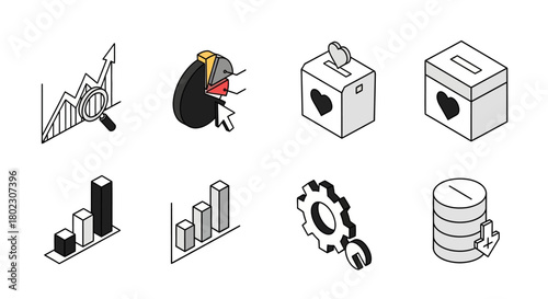 Isometric business and data icons: charts, gears, and donation boxes