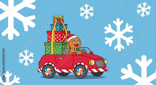 Christmas gingerbread man driving a red car overflowing with presents, surrounded by snowflakes