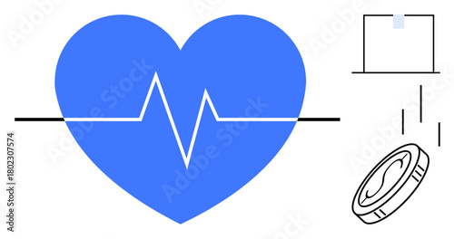 Blue heart with heartbeat line, coin dropping into a box, suggesting healthcare funding, wellness, charity, or financial planning. Ideal for health insurance, donations, wellness charity economy
