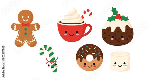 Charming Christmas Treats Gingerbread Man, Hot Chocolate, Pudding, Candy Cane, Donut, and Marshmallow Collection