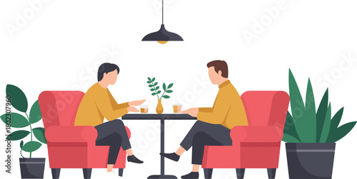 Modern flat illustration of two men sitting in armchairs having conversation at coffee table with plants and warm lighting