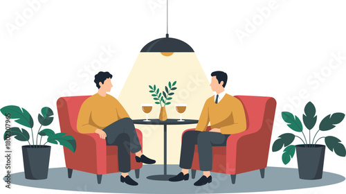 Modern flat illustration of two men sitting in armchairs having conversation at coffee table with plants and warm lighting