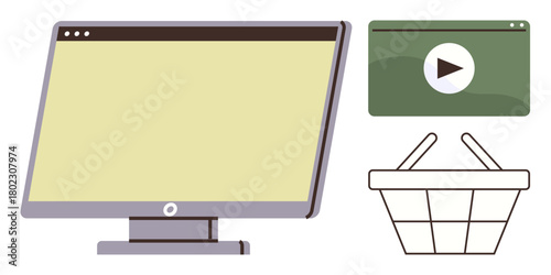 Desktop monitor, green video player with play button, and shopping basket. Ideal for e-commerce, retail, streaming, technology, digital marketing innovation online business. Simple flat metaphor