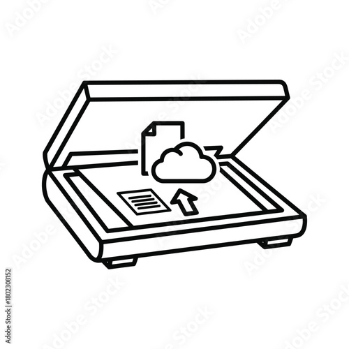 Document scanner and cloud upload icon illustration showing digital file transfer and secure online storage