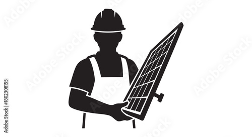 Construction worker in hard hat holding a solar panel, symbolizing renewable energy and sustainable industry