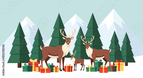 Festive Reindeer Family Surrounded by Snowy Pine Trees and Colorful Gift Boxes for a Merry Christmas Celebration