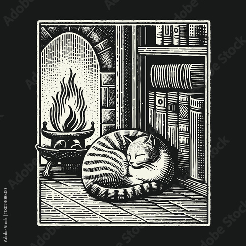 Cozy Tabby Cat Sleeping by a Warm Fireplace Illustration.