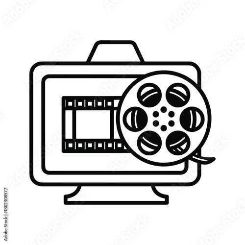 Line art illustration of a retro monitor displaying a film strip with a classic movie reel symbol concept