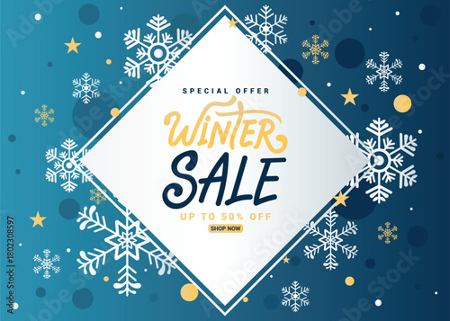 Winter sale, Christmas, and New Year banner design for posters, flyers, invitations, and backgrounds, featuring festive winter elements and snowflakes Vector illustration.