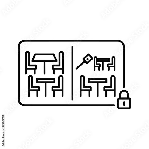 Commercial space for lease or business closure vector icon showing restaurant seating, key, and padlock.