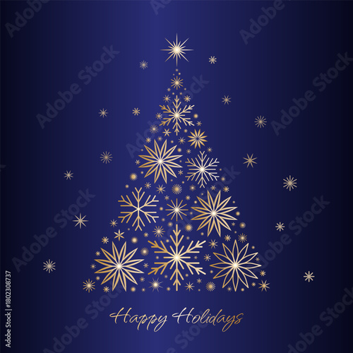 Christmas fir tree with snowflake ornate pattern on the dark blue background. Happy holidays greeting card design. EPS 10 vector abstract winter spruce illustration.