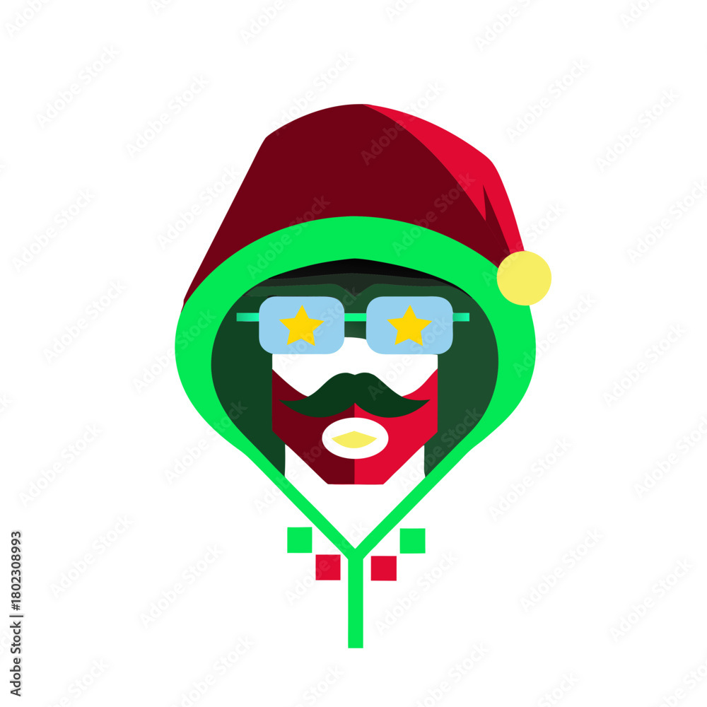 Fototapeta premium Stylized christmas character with star sunglasses and moustache isolated on transparent background